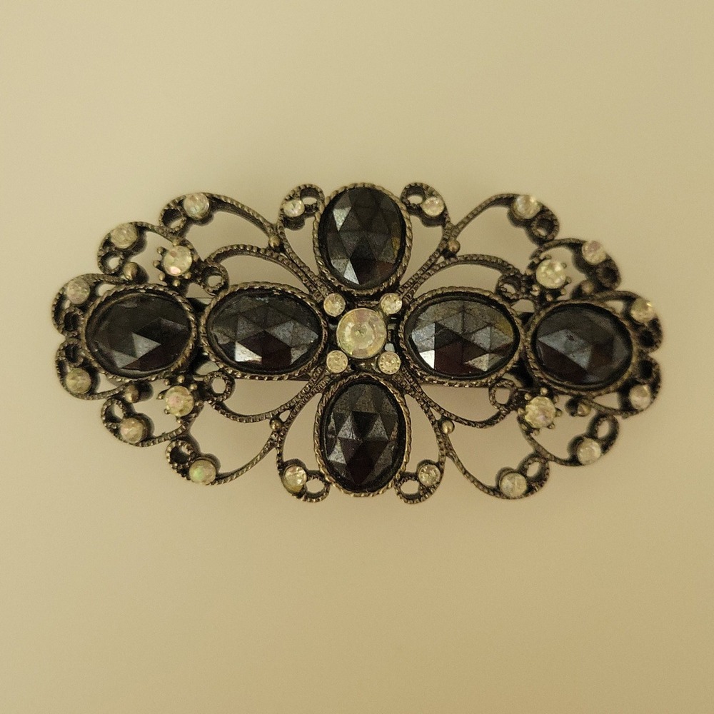 Vintage Style Black Rhinestone Antiqued Silver Filigree‎ Brooch Pin 3.5in Gothic